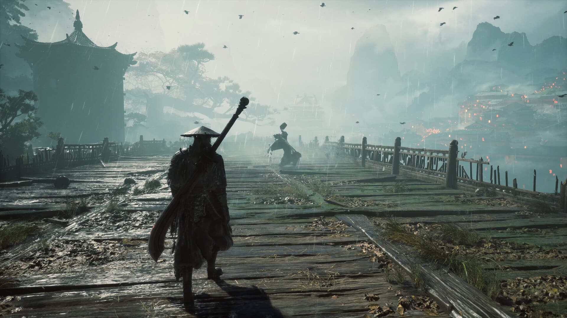 Soul approaching armed opponents across a rain-soaked bridge