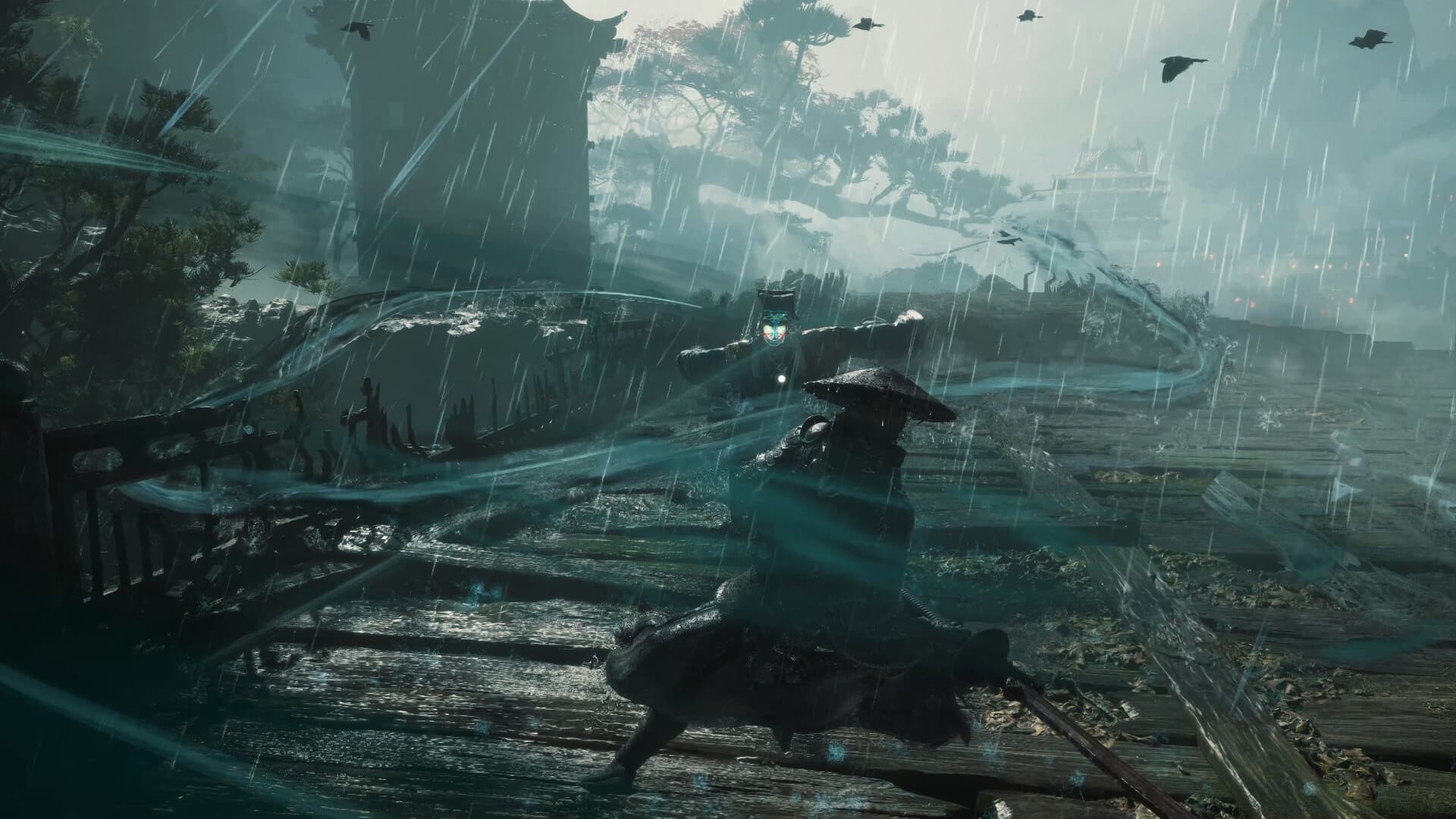 Soul dueling an opponent with blades in heavy rain